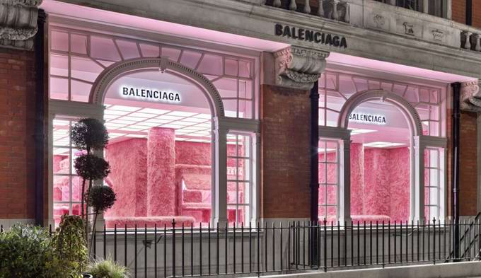 pink faux fur Balenciaga wraps London store